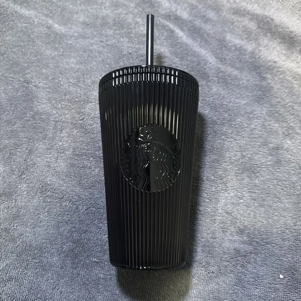STARBUCKS Black Pleated 16 Oz Tumbler With Straw/Cold Cup